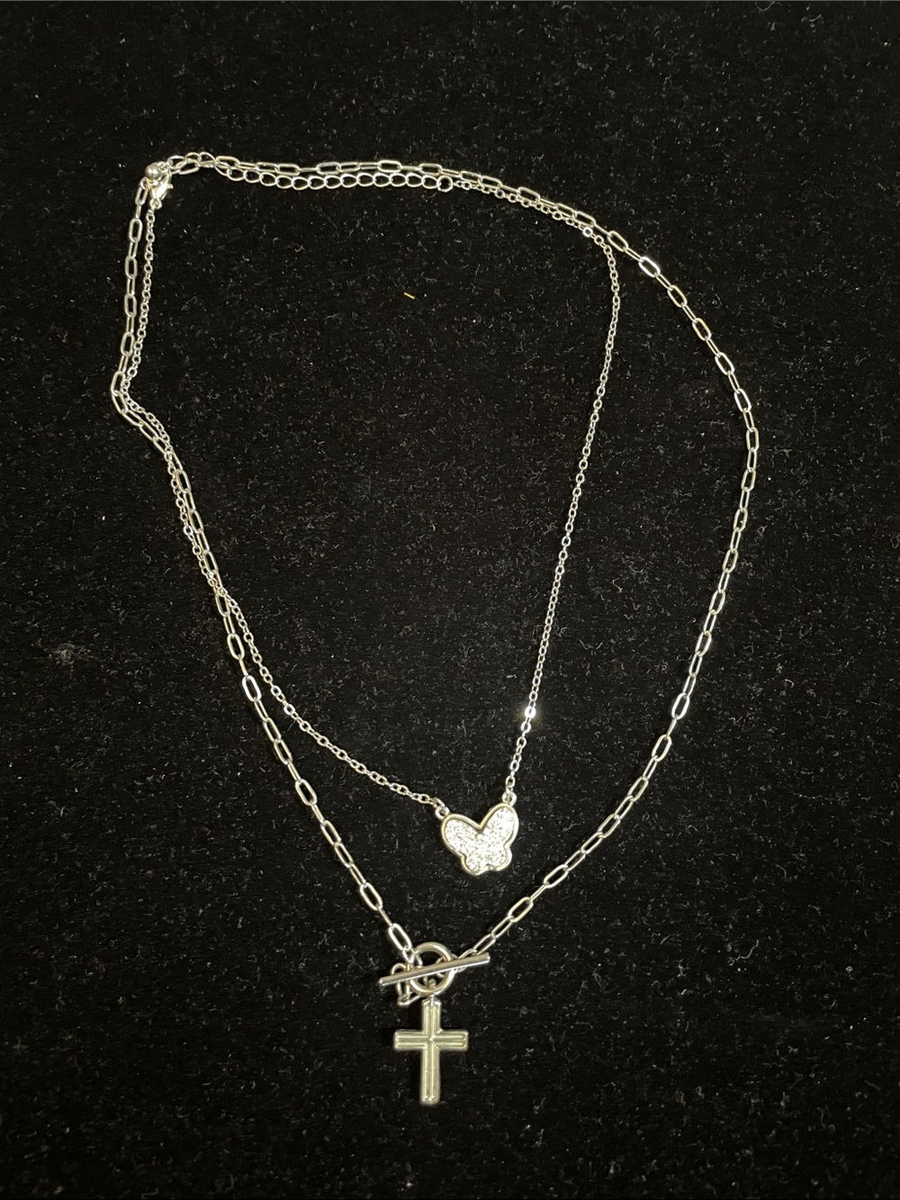 Sterling Silver Layered Heart and Cross Necklace - Silver